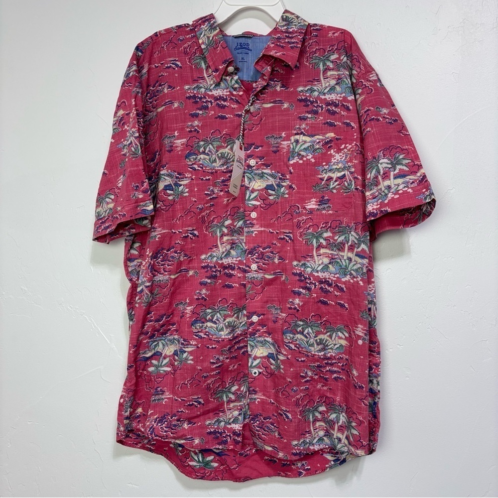 IZOD Saltwater Men's XL NWT Button Front Casual Short Sleeve Shirt Tropical Pink
